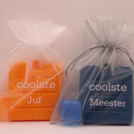 Bestel nu dit leuke koelelement met ijsblokje met de tekst coolste meester, coolste juf- de tekst is naar wens aan te passen. het koelelement en ijsblokje zitten verpakt in een wit of grijs organza zakje